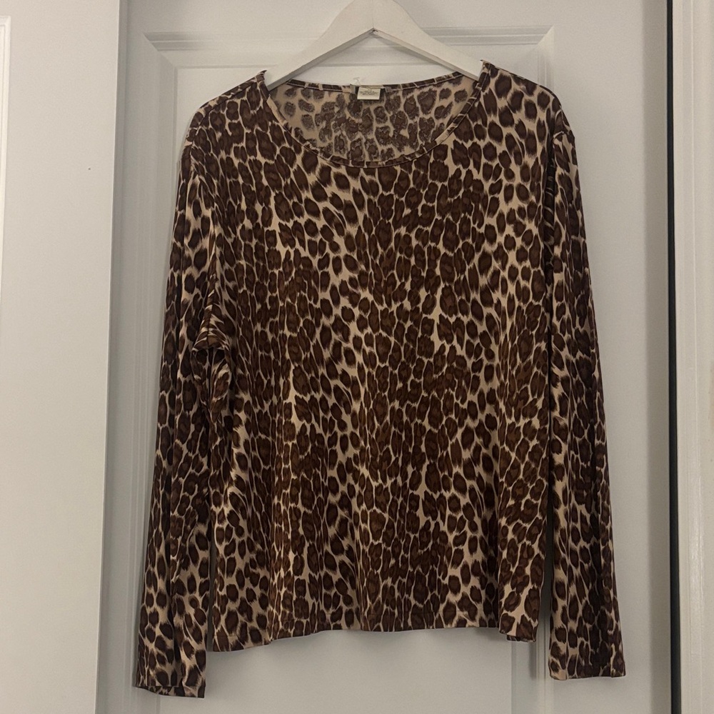 Neiman Marcus 100% Silk Brown Animal Print Long Sleeve Top